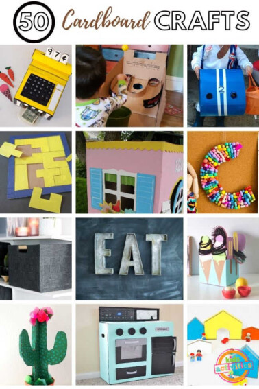 collage of cardboard crafts to do with kids