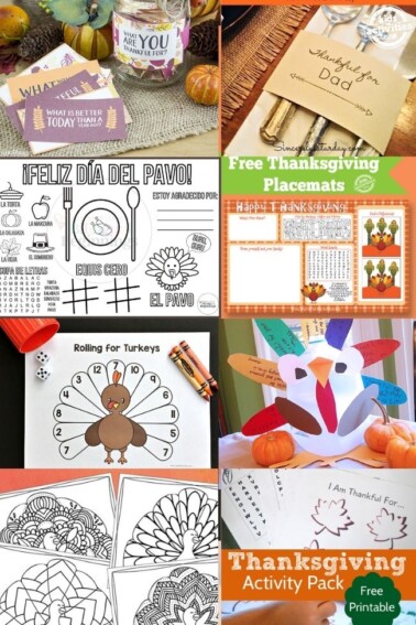 collage of thanksgiving printables for kids, holdiday decor, crafts ideas and more