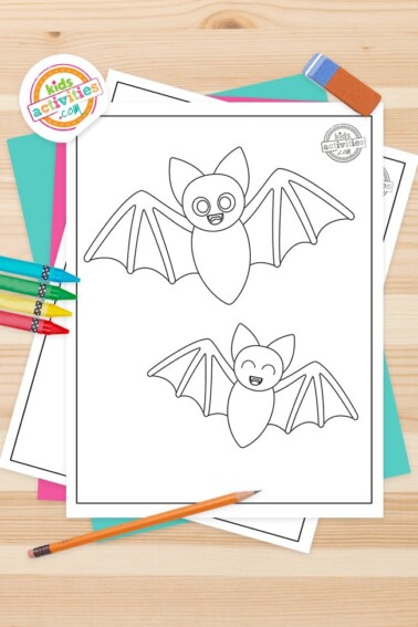 bat coloring pages printed pdf shown on wood table - kids Activities blog