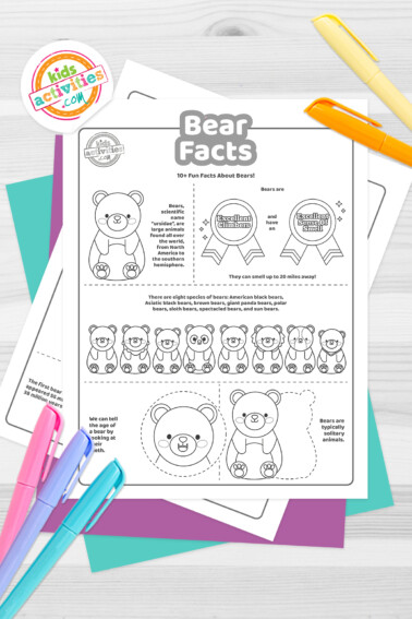 Black and white coloring pages with bear facts lying on top of blue-green and purple sheets with assorted crayons on a dark grey background.