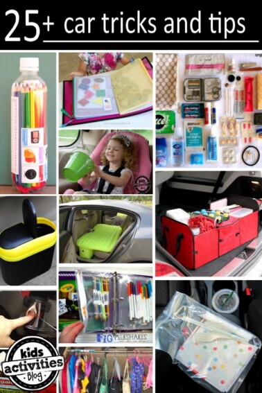 Collage of tips for trips in the car with kids