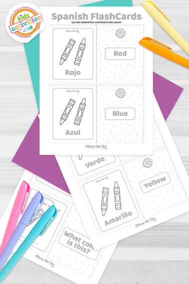 Image shows a compilation of printable spanish colors flashcards. Idea from kids activities blog