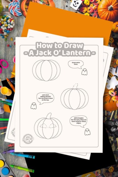 easy halloween drawings for kids pdf version of how to draw a jack o lantern shown on dark background with coloring supplies - Kids Activities Blog