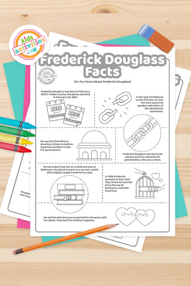 Set of printable Frederick Douglass facts facts coloring pages with crayons and decoration around it. From Kids Activities Blog
