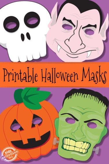printable halloween masks for kids - 4 masks shown on purple background - Kids Activities Blog