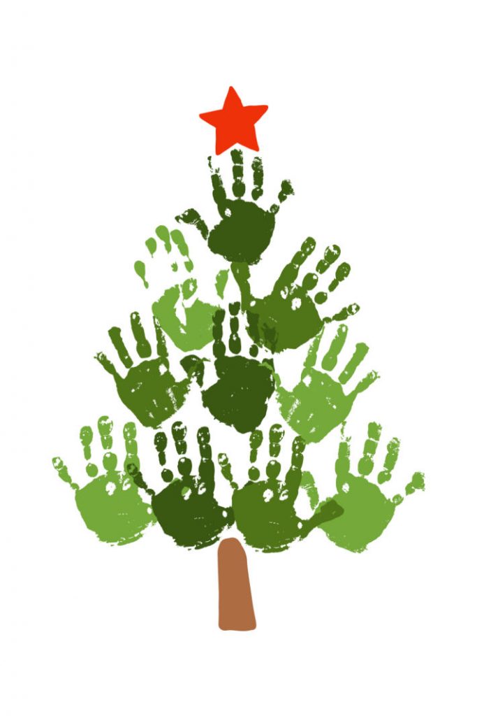 5 minute holiday craft - handprint christmas tree on white background
