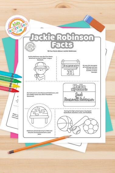 Set of printable Jackie Robinson facts coloring pages with crayons and decoration around it. From Kids Activities Blog