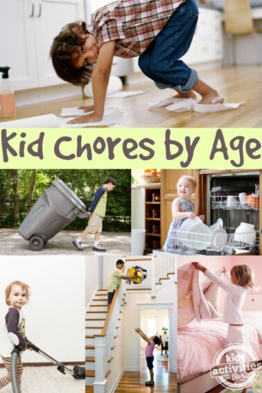 Text: kid chores by age - collage of 6 images of kids doing chores at home - Kids Activities Blog
