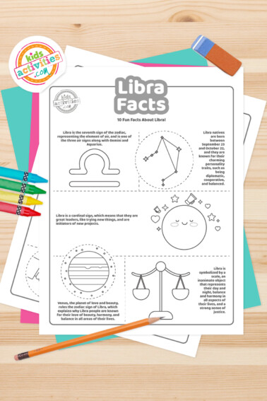 Black and white coloring pages with libra facts lying on top of a blue-green sheet with multicolored letters on a light brown background.