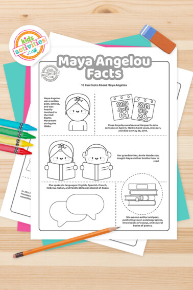 Set of printable Maya Angelou facts coloring pages with crayons and decoration around it. From Kids Activities Blog