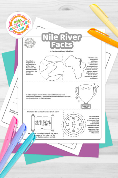 Black and white coloring pages with Nile River facts lying on top of blue-green and purple sheets with assorted crayons on a dark grey background.