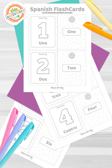Image shows a compilation of Spanish numbers flashcards ready to be printed. Idea from Kids Activities Blog