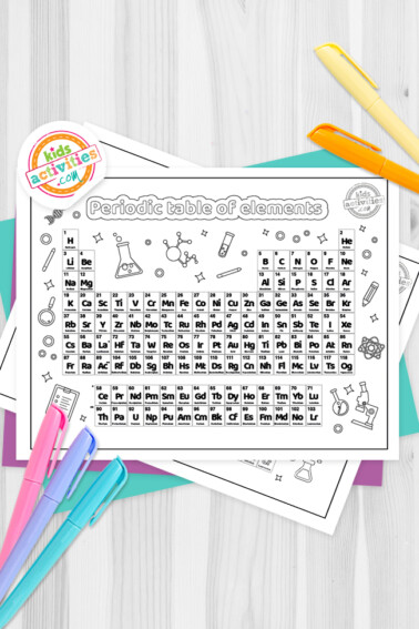 Periodic Table elements printable Coloring Pages pdf version shown on white table with coloring supplies - Kids Activities blog