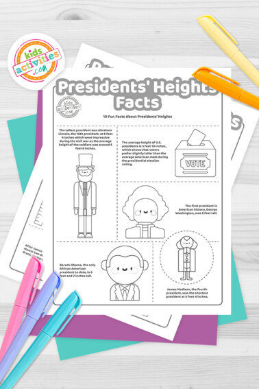 Set of printable presidents' heights facts facts coloring pages with crayons and decoration around it. From Kids Activities Blog
