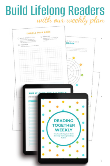 A collection of documents related to reading goals for a family. Title says Build Lifelong Readers, Download our free printable.