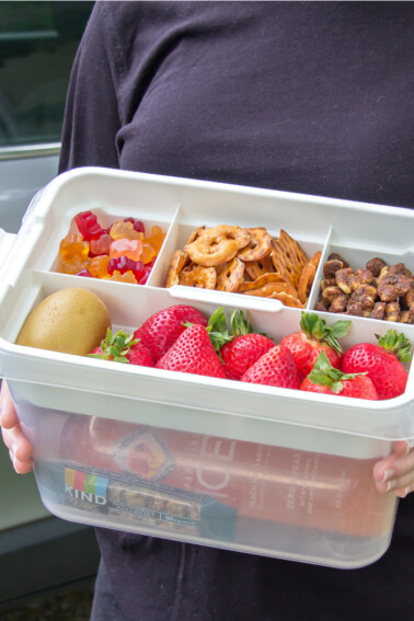 A snack tub packed for a road trip with kids