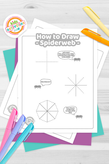 Image shows a compilation of a printable tutorial on how to draw spiderweb from Kids Activities Blog