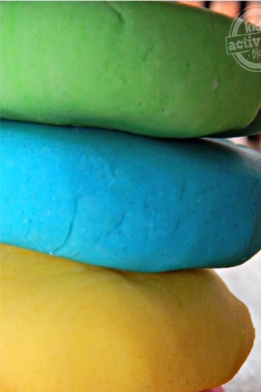 homemade playdough recipe stacked on top of each others in playdough recipe colors green blue and yellow - Kids Activities blog
