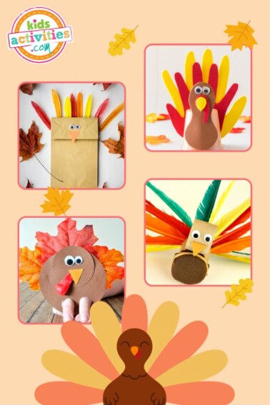 collage of turkey crafts for kids shown on turkey themed background - Kids Activities Blog