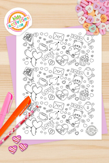 Valentines Doodle Coloring Page