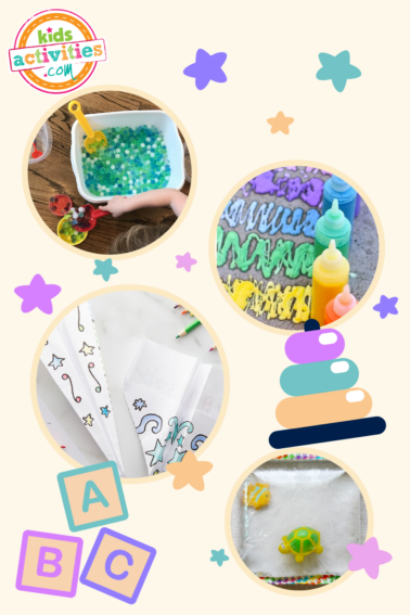 Image shows a cream colored background with 3 circular images of toddler activities with toys for babies all around from Kids Activities Blog.