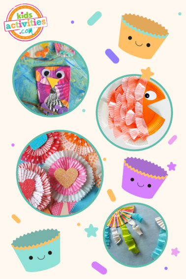 Image shows a compilation of cupcake liner crafts from different sources.