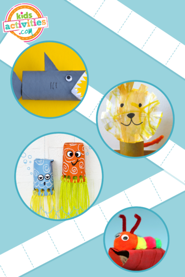 Image shows a compilation of toilet paper roll crafts for kids, like a lion paper craft, a shark paper craft, etc.