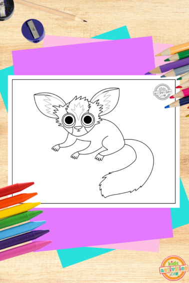 aye aye coloring page printed pdf black and white coloring sheet on decorated wooden background with coloring supplies and colorful accessories- kids activities blog