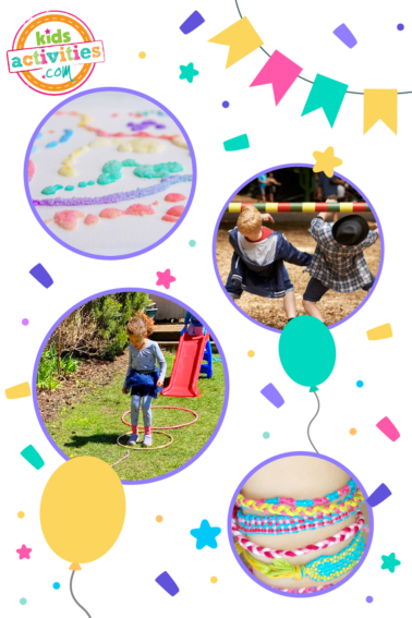 Picture shows a collage of photos in circular shapes of the activities at a birthday party from Kids Activities Blog.