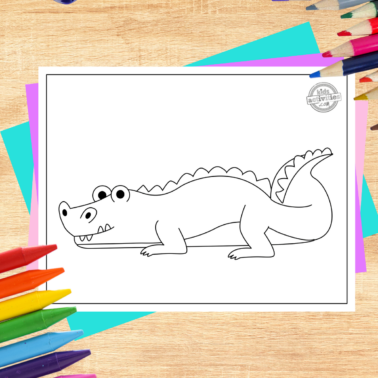 Caiman coloring page printed pdf on decorated wood background with coloring supplies- kids activities blog