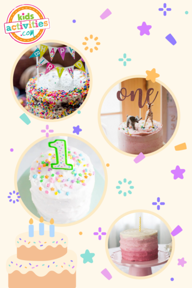 Image shows a compilation of cakes for first birthday from different sources.