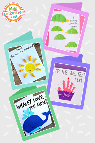 Image shows a medley of four cards that vary in color with whales, turtles, a sun and a cupcake.