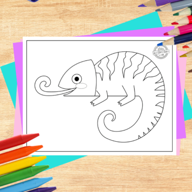 Chameleon coloring page printed pdf coloring sheet on a decorated wood background with coloring supplies- kids activities blog