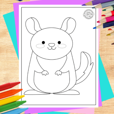 Chinchilla coloring page printed pdf featured on a decorated wood background with coloring supplies- kids activities blog