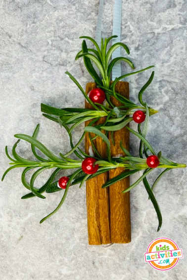 Cinnamon stick with rosemary sprigs Christmas tree ornament. Idea from Kids Activities Blog