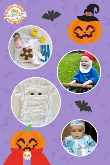 Image shows a compilation of photos of baby costumes, like a mummy, a flower, a gnome, and more.