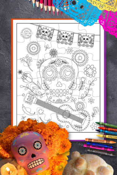 Day of the Dead coloring page with puzzle piece lines for cutting and creating a puzzle