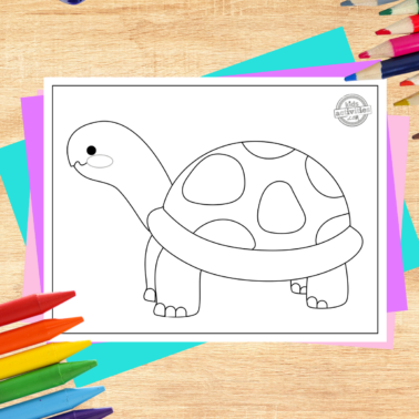 Desert tortoise coloring page printed pdf on wooden background with coloring supplies- kids activities blog