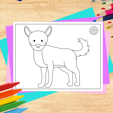 Dingo coloring page printed pdf on a wooden background with colorful accessories- kids activities blog