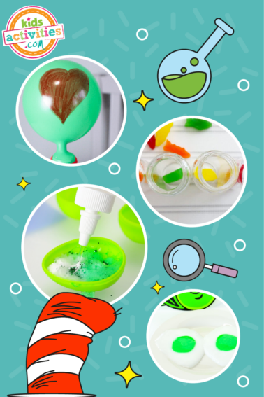 Image shows a compilation of different dr. seuss science activities for preschoolers.