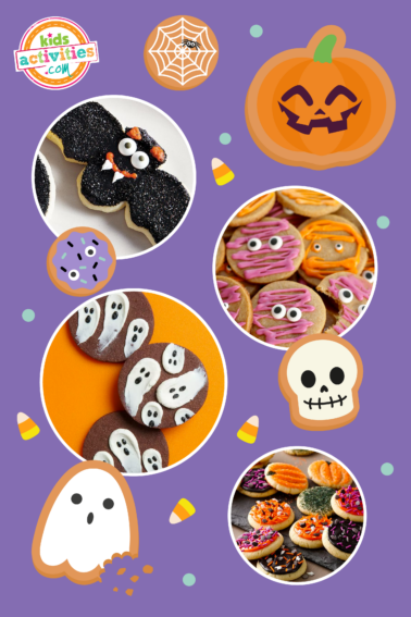 Image shows a compilation of Halloween decorated cookies over a purple background and pictures of ghosts and jack-o-lanterns
