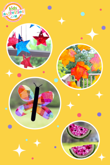 Image has a yellow background and circular pics of star, leaves, watermelon, and a butterfly sun catcher in a variety of colors from Kids Activities Blog.