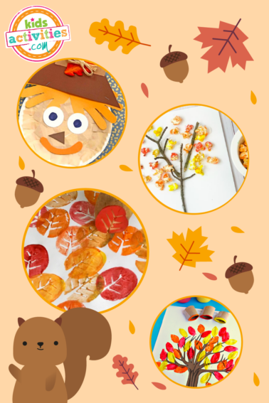 Image shows a collage of circular pics of fall crafts of leaves and acorns on a orangish background from Kids Activities Blog.