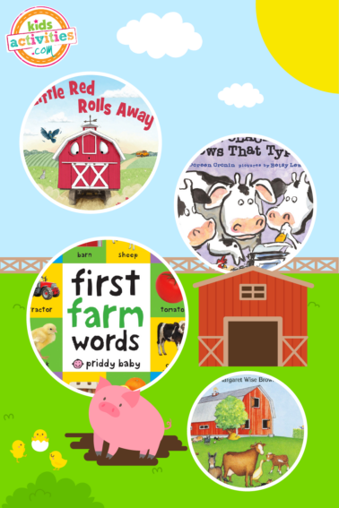 Image shows a a collection of pictures of red barns, cows, and a pig from Kids Activities Blog.