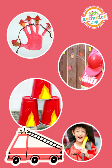 Imag shows a combination of fire safety activities for preschoolers. from Kids activities blog