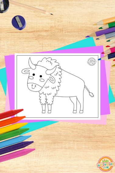 Free Printable Bison coloring page on decorated background black and white printed pdf with colorful accessories and coloring supplies- kids activities blog