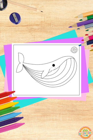 Free printable blue whale coloring page on wooden decorated background printed pdf black and white coloring sheet with coloring accessories and colorful accessories-kids activities blog