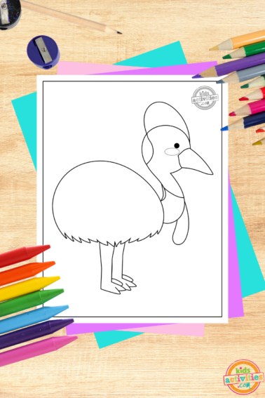 Free Printable Cassowary coloring page on wooden decorated background printed pdf black and white coloring sheet with coloring supplies and colorful accessories- kids activities blog