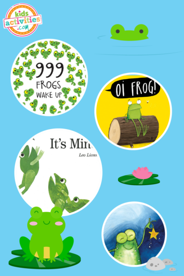 Picture is a collage of pics in circles if frog book cover images from Kids Activities Blog.