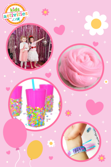 Collage of assorted activities pictured in circles on a pink background with darker pink hearts.